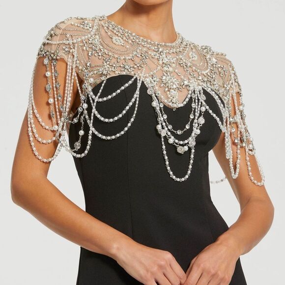 MAC DUGGAL 11775 Black Draped Pearl Beaded Mermaid Gown Dress - Picture 3 of 13